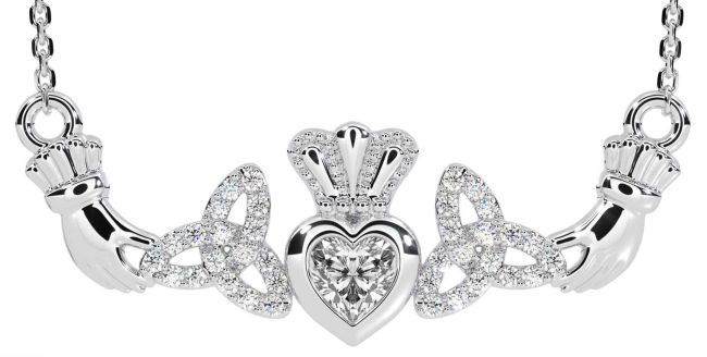 Diamond Silver Claddagh Trinity Knot Necklace