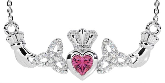 Diamond Pink Tourmaline Silver Claddagh Trinity Knot Necklace