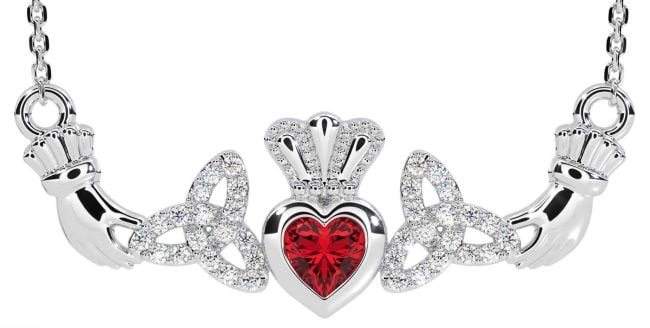 Diamond Ruby Silver Claddagh Trinity Knot Necklace