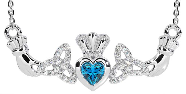 Diamond Topaz Silver Claddagh Trinity Knot Necklace