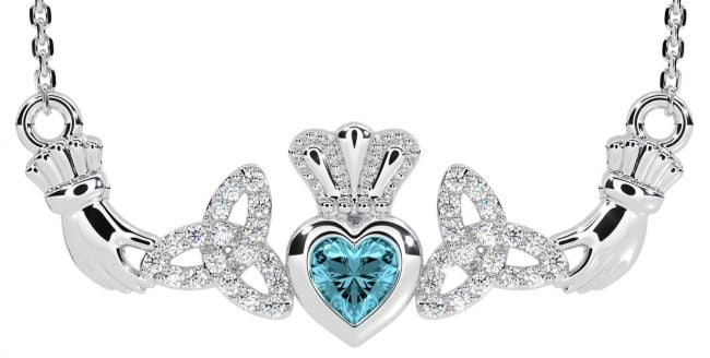 Diamond Aquamarine White Gold Claddagh Trinity Knot Necklace