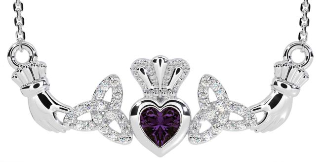 Diamond Alexandrite White Gold Claddagh Trinity Knot Necklace