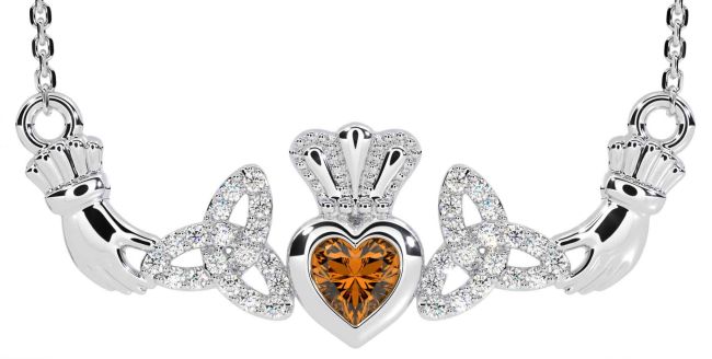 Diamond Citrine White Gold Claddagh Trinity Knot Necklace