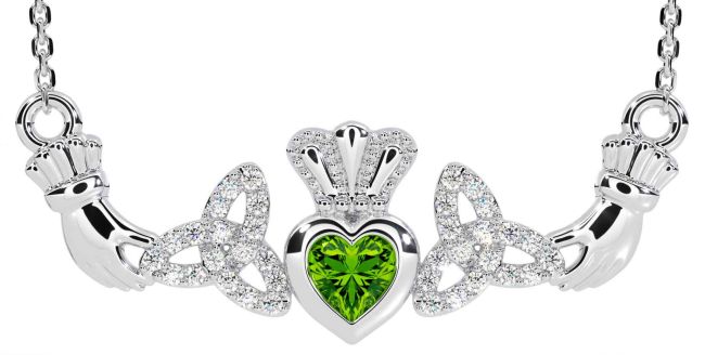 Diamond Peridot White Gold Claddagh Trinity Knot Necklace