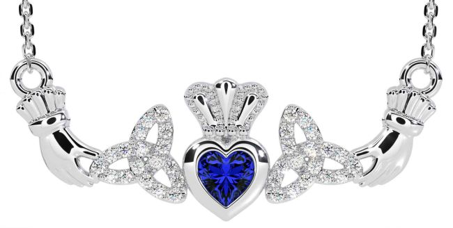 Diamond Sapphire White Gold Claddagh Trinity Knot Necklace