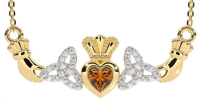 Diamond Citrine Gold Claddagh Trinity Knot Necklace