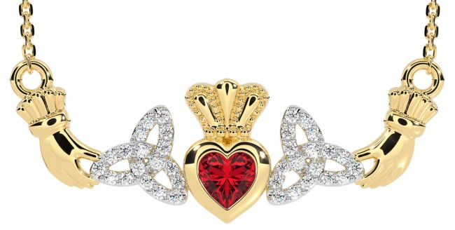 Diamond Ruby Gold Claddagh Trinity Knot Necklace