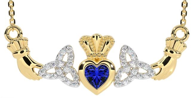 Diamond Sapphire Gold Claddagh Trinity Knot Necklace