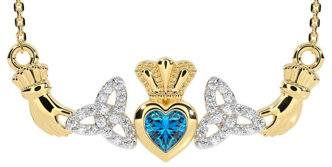 Diamond Topaz Gold Claddagh Trinity Knot Necklace