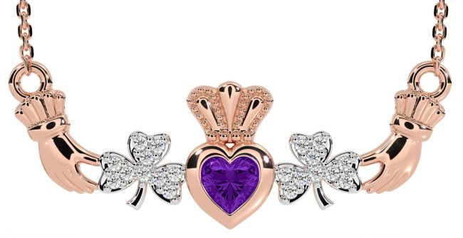 Diamond Amethyst Rose Gold Silver Claddagh Shamrock Necklace