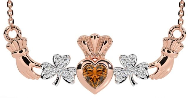Diamond Citrine Rose Gold Silver Claddagh Shamrock Necklace