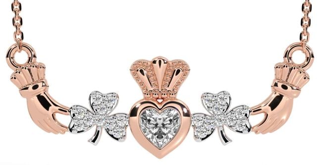 Diamond Rose Gold Silver Claddagh Shamrock Necklace