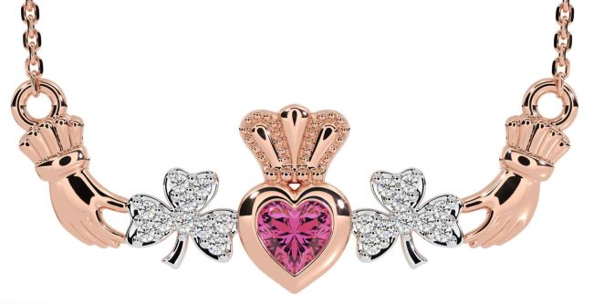 Diamond Pink Tourmaline Rose Gold Silver Claddagh Shamrock Necklace