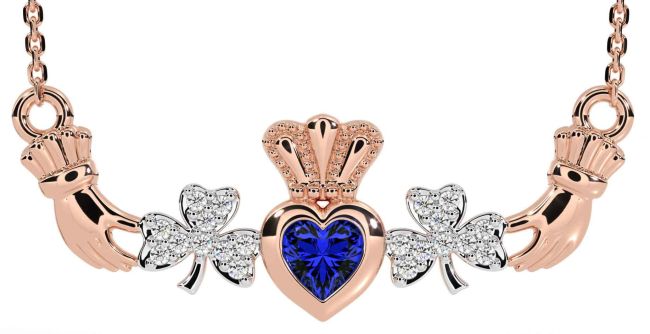 Diamond Sapphire Rose Gold Silver Claddagh Shamrock Necklace