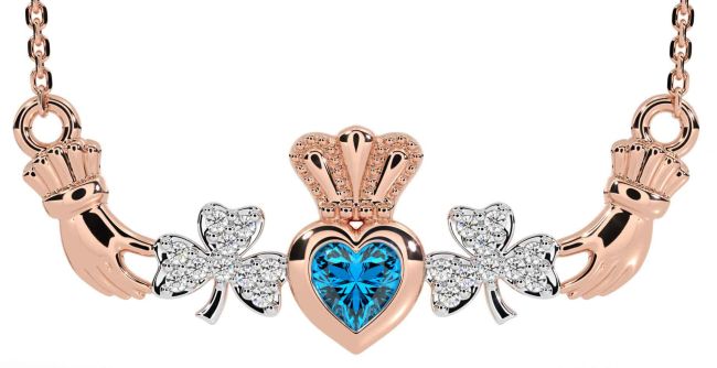 Diamond Topaz Rose Gold Silver Claddagh Shamrock Necklace