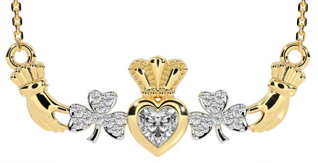 Diamond Gold Silver Claddagh Shamrock Necklace