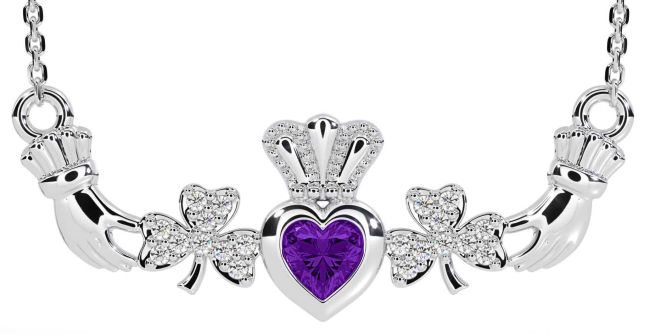 Diamond Amethyst Silver Claddagh Shamrock Necklace