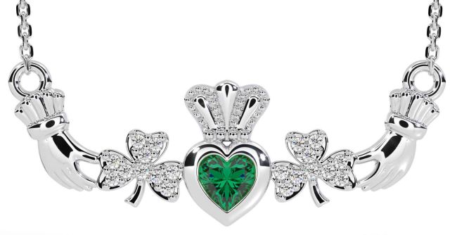 Diamond Emerald Silver Claddagh Shamrock Necklace