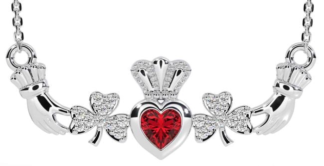 Diamond Ruby Silver Claddagh Shamrock Necklace