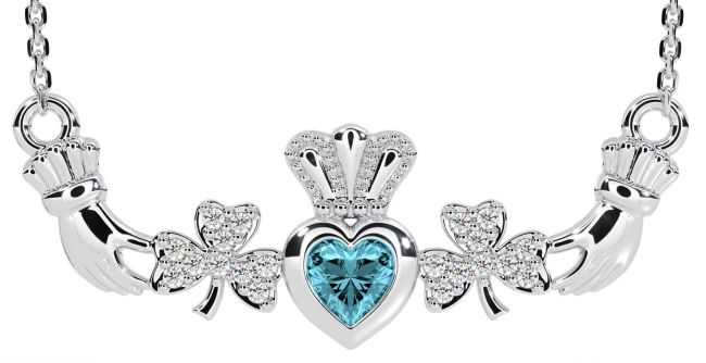 Diamond Aquamarine White Gold Claddagh Shamrock Necklace
