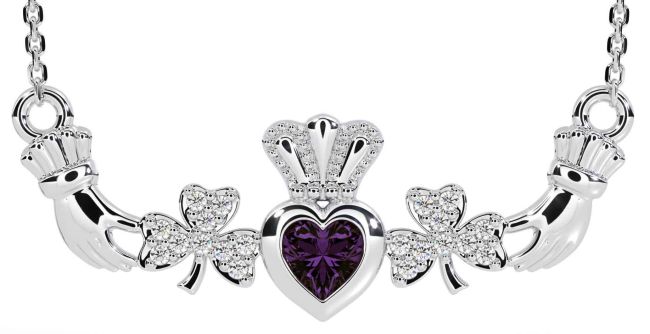 Diamond Alexandrite White Gold Claddagh Shamrock Necklace