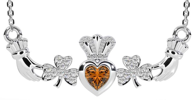 Diamond Citrine White Gold Claddagh Shamrock Necklace