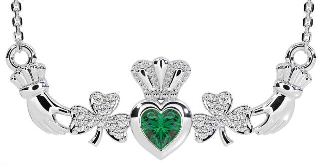 Diamond Emerald White Gold Claddagh Shamrock Necklace