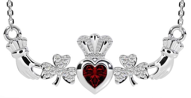 Diamond Garnet White Gold Claddagh Shamrock Necklace