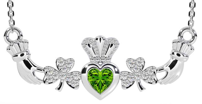 Diamond Peridot White Gold Claddagh Shamrock Necklace