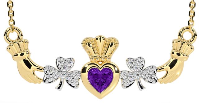 Diamond Amethyst Gold Claddagh Shamrock Necklace