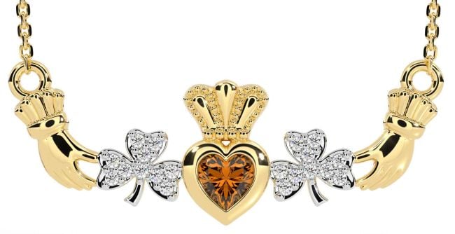 Diamond Citrine Gold Claddagh Shamrock Necklace