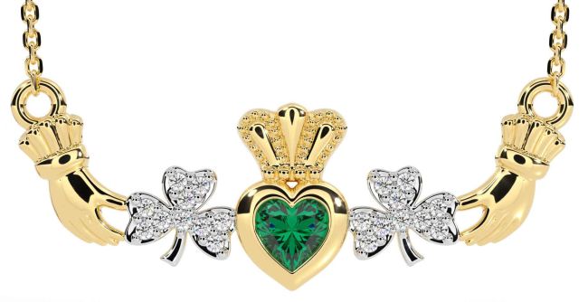 Diamond Emerald Gold Claddagh Shamrock Necklace