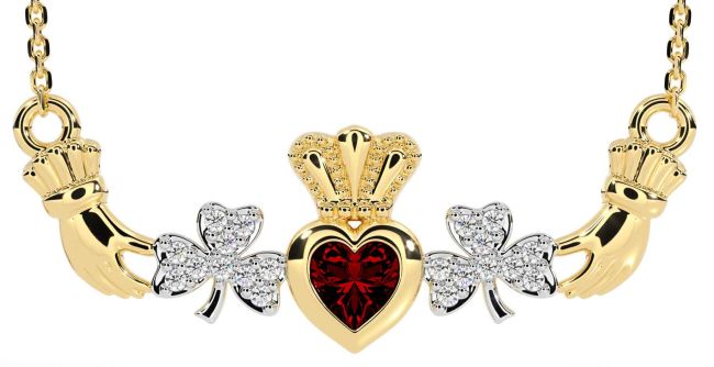 Diamond Garnet Gold Claddagh Shamrock Necklace