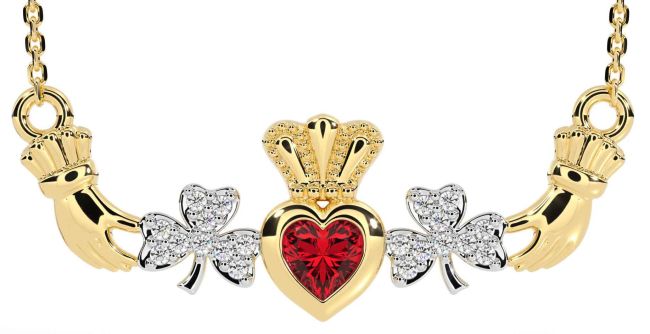 Diamond Ruby Gold Claddagh Shamrock Necklace