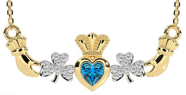 Diamond Topaz Gold Claddagh Shamrock Necklace