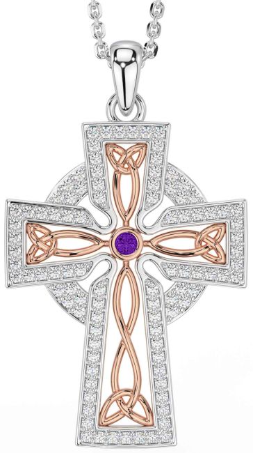 Diamond Amethyst Rose Gold Silver Celtic Cross Trinity Knot Necklace