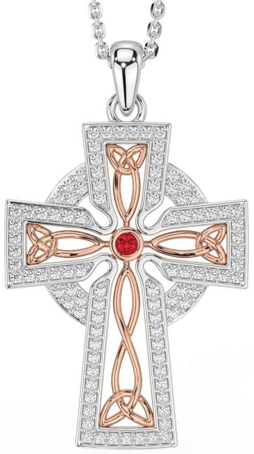 Diamond Ruby Rose Gold Silver Celtic Cross Trinity Knot Necklace