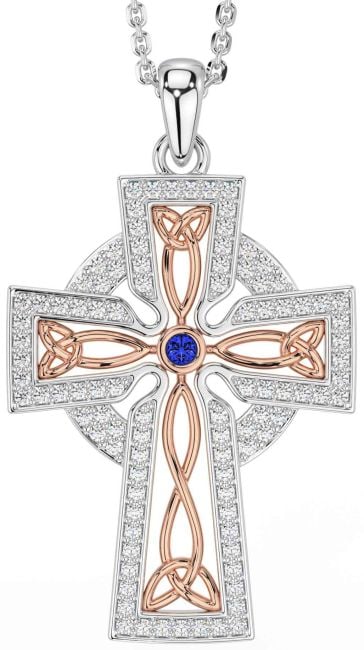 Diamond Sapphire Rose Gold Silver Celtic Cross Trinity Knot Necklace