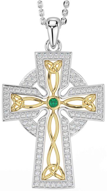 Diamond Emerald Gold Silver Celtic Cross Trinity Knot Necklace