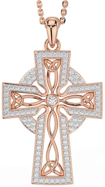 Diamond Rose Gold Silver Celtic Cross Trinity Knot Necklace