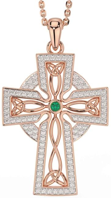 Diamond Emerald Rose Gold Silver Celtic Cross Trinity Knot Necklace