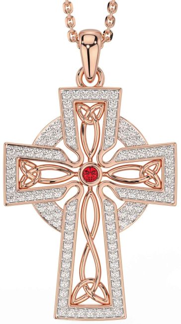 Diamond Ruby Rose Gold Silver Celtic Cross Trinity Knot Necklace