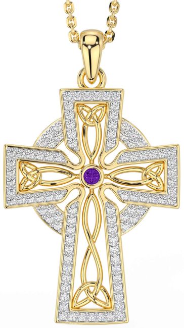 Diamond Amethyst Gold Silver Celtic Cross Trinity Knot Necklace