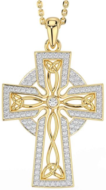 Diamond Gold Silver Celtic Cross Trinity Knot Necklace