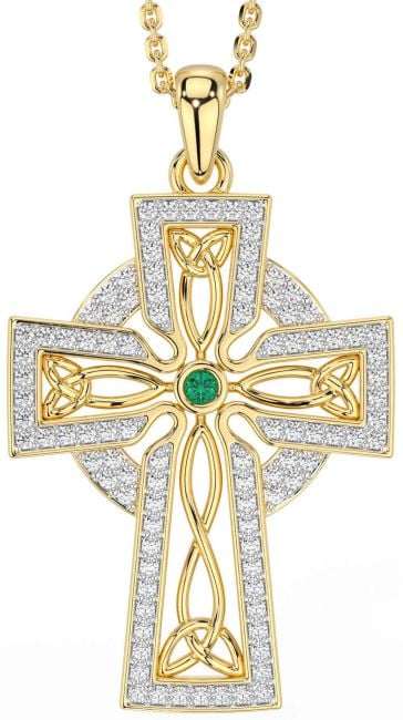 Diamond Emerald Gold Silver Celtic Cross Trinity Knot Necklace