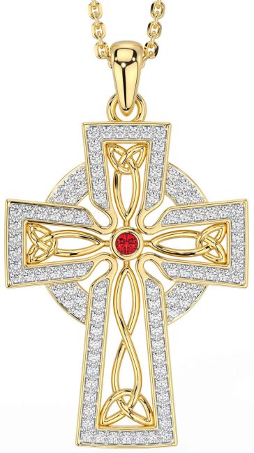 Diamond Ruby Gold Silver Celtic Cross Trinity Knot Necklace