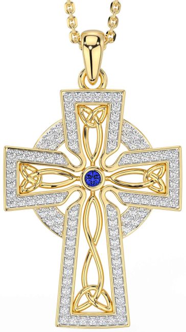 Diamond Sapphire Gold Silver Celtic Cross Trinity Knot Necklace