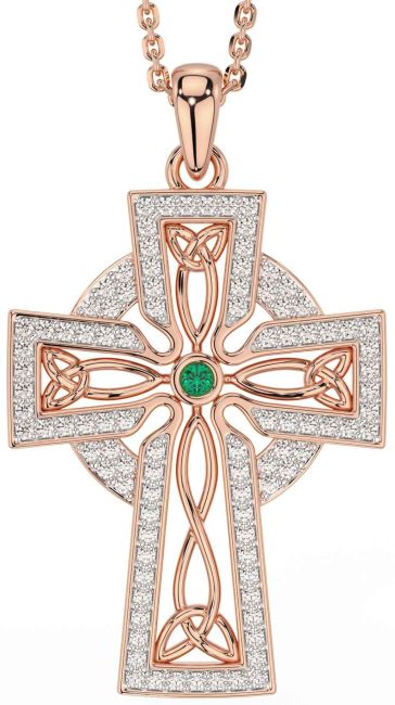 Diamond Emerald Rose Gold Celtic Cross Trinity Knot Necklace