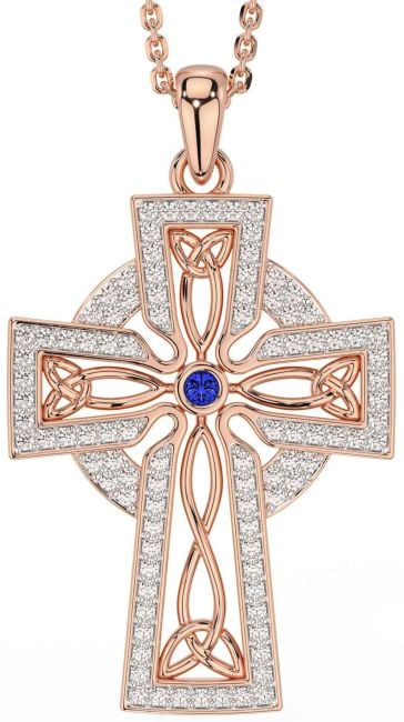 Diamond Sapphire Rose Gold Celtic Cross Trinity Knot Necklace