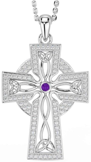 Diamond Amethyst Silver Celtic Cross Trinity Knot Necklace